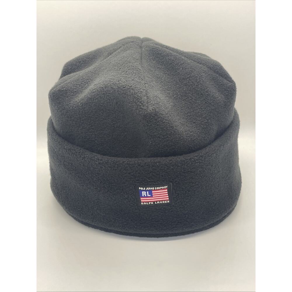 Vintage 90s Polo Jeans Co Ralph Lauren Fleece Beanie Hat Black USA Flag Y2K